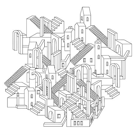 drawing of a non-existent unreal city maze with houses, walls and stairs, design in puzzle style.Vector zen art illustration. abstract ornament. Sketch for tattoo, poster or adult coloring pages Stock Photo - Budget Royalty-Free & Subscription, Code: 400-08807522