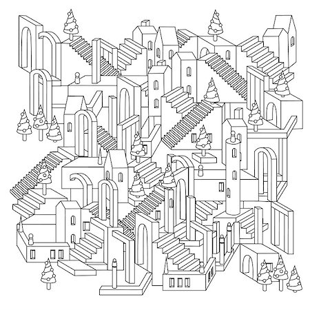 drawing of a non-existent unreal city maze with houses, walls and stairs, design in puzzle style.Vector zen art illustration. Christmas city scene with buildings in vector. For adult coloring pages Stock Photo - Budget Royalty-Free & Subscription, Code: 400-08807540