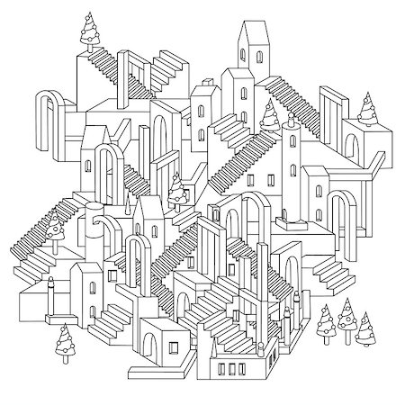 drawing of a non-existent unreal city maze with houses, walls and stairs, design in puzzle style.Vector zen art illustration. abstract ornament. Sketch for tattoo, poster or adult coloring pages Stock Photo - Budget Royalty-Free & Subscription, Code: 400-08807543