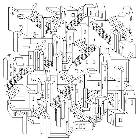 drawing of a non-existent unreal city maze with houses, walls and stairs, design in puzzle style.Vector zen art illustration. abstract ornament. Sketch for tattoo, poster or adult coloring pages Stock Photo - Budget Royalty-Free & Subscription, Code: 400-08807563