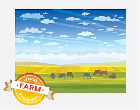 Fresh farm products. Herd of cows in green field. Vector rural nature landscape. Photographie de stock - Aubaine LD & Abonnement, Code: 400-08807944
