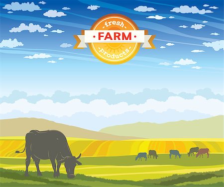 Silhouette of cow and rural landscape on a cloudy blue sky. Vector of fresh farm products. Stock Photo - Budget Royalty-Free & Subscription, Code: 400-08807942