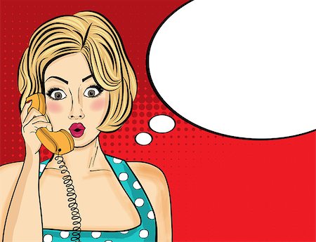 panic and crowd - Surprised pop art  woman chatting on retro phone . Comic woman with speech bubble. Pin up girl. Vector illustration. Stock Photo - Budget Royalty-Free & Subscription, Code: 400-08809064