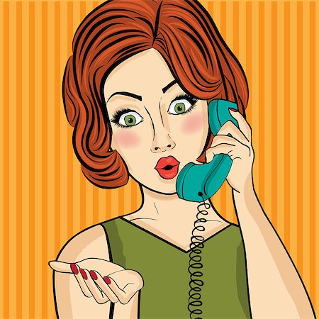 panic and crowd - Surprised pop art  woman chatting on retro phone . Comic woman with speech bubble. Pin up girl. Vector illustration. Stock Photo - Budget Royalty-Free & Subscription, Code: 400-08809066