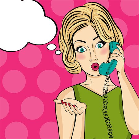 panic and crowd - Surprised pop art  woman chatting on retro phone . Comic woman with speech bubble. Pin up girl. Vector illustration. Stock Photo - Budget Royalty-Free & Subscription, Code: 400-08809060