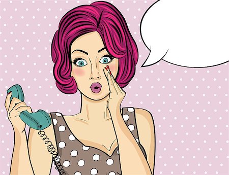 panic and crowd - Surprised pop art  woman chatting on retro phone . Comic woman with speech bubble. Pin up girl. Vector illustration. Stock Photo - Budget Royalty-Free & Subscription, Code: 400-08809061