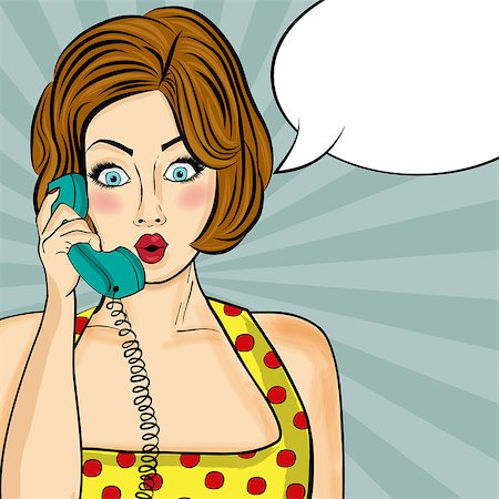 panic and crowd - Surprised pop art  woman chatting on retro phone . Comic woman with speech bubble. Pin up girl. Vector illustration. Stock Photo - Budget Royalty-Free & Subscription, Code: 400-08809063