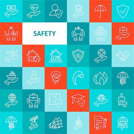 flooded homes - Vector Line Safety Icons Set. Thin Outline Business Items over Colorful Squares. Stock Photo - Budget Royalty-Free & Subscription, Code: 400-08814001