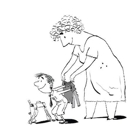 Grandma or the nanny accompanies her grandson to school. Adults and children. Morning boy. Black and white sketch drawing Stock Photo - Budget Royalty-Free & Subscription, Code: 400-08814207