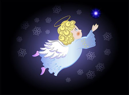 Funny stylized decorative flying angel in the night sky co snowflakes and star. EPS10 vector illustration. Stock Photo - Budget Royalty-Free & Subscription, Code: 400-08817223