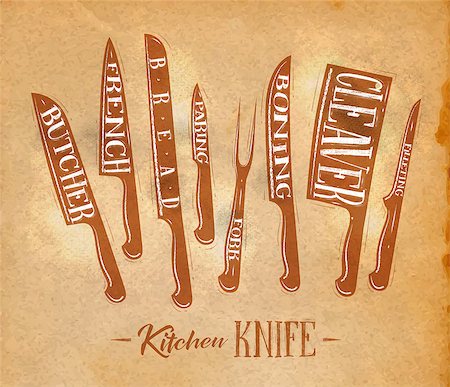 retro chef - Poster kitchen meat cutting knifes butcher, french, bread, paring, fork, boning, cleaver, filleting drawing in retro style on craft paper background Stock Photo - Budget Royalty-Free & Subscription, Code: 400-08818117