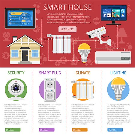 Smart House and internet of things infographics. tablet controls smart home like radiator, lighting security camera air conditioning and smart tv flat icons. vector illustration Stock Photo - Budget Royalty-Free & Subscription, Code: 400-08818633