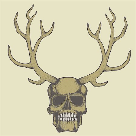 Vector skull with deer horn illustration concept. Hand drawn human skul Stock Photo - Budget Royalty-Free & Subscription, Code: 400-08818675