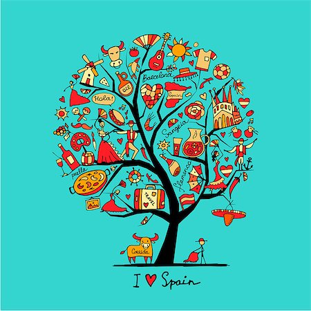 Art tree with spain symbols for your design. Vector illustration Stock Photo - Budget Royalty-Free & Subscription, Code: 400-08818932