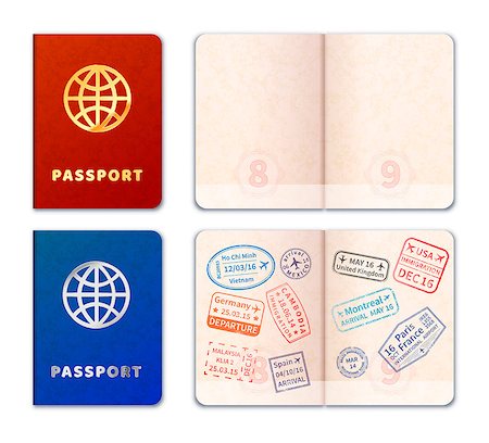 passport stamp - Blue and red realistic passport icons and open with stamp imprints isolated on white Stock Photo - Budget Royalty-Free & Subscription, Code: 400-08819960