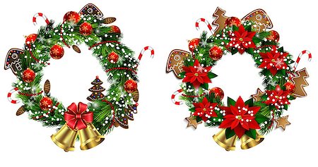 Set of Christmas wreaths and bow and bells isolated on white background with poinsettia Stock Photo - Budget Royalty-Free & Subscription, Code: 400-08811169