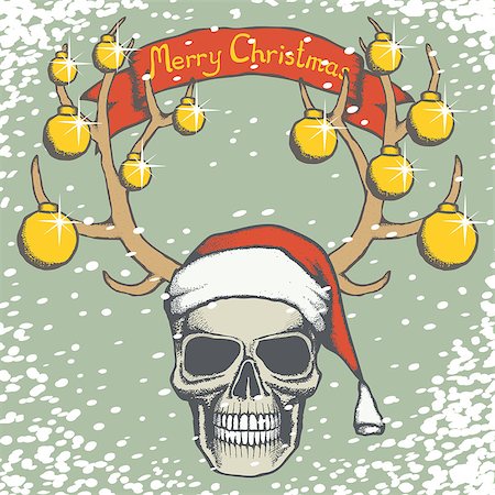 skeletal head drawing - Vector Christmas skull illustration. Hand drawn skull in Santa hat. Inscription Merry Christmas and snow Stock Photo - Budget Royalty-Free & Subscription, Code: 400-08811297