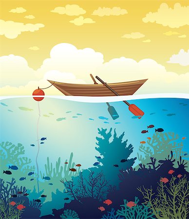 Vector seascape - wooden boat on a sunset sky and underwater marine life with school of fish and coral reef. Summer tropical illustration. Stock Photo - Budget Royalty-Free & Subscription, Code: 400-08812490