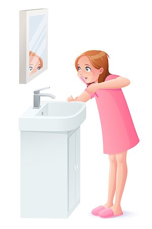 simsearch:400-04151135,k - Cute young girl brushing her teeth next to mirror. Cartoon style vector illustration isolated on white background. Stock Photo - Budget Royalty-Free & Subscription, Code: 400-08834126