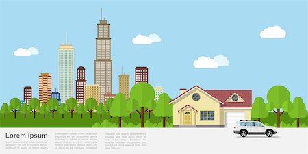 Picture of a private house with big city on background, flat style banner design Stock Photo - Budget Royalty-Free & Subscription, Code: 400-08834294