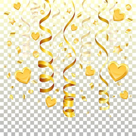 Holiday concept with Gold Streamer, Hearts, Stars and Confetti on transparent background, isolated vector illustration Stock Photo - Budget Royalty-Free & Subscription, Code: 400-08834305