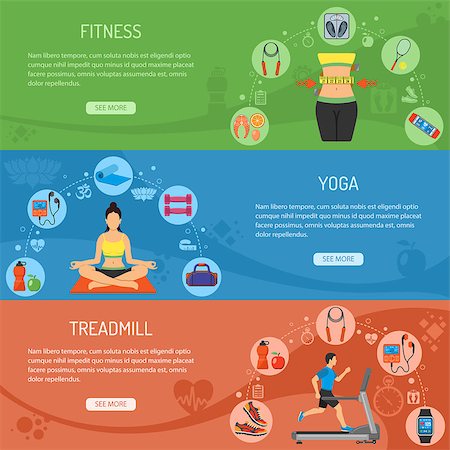footwear icons - Yoga, Fitness and Gym Horizontal Banners with Flat Icons Treadmill, scales, waistline and gadgets. vector illustration Stock Photo - Budget Royalty-Free & Subscription, Code: 400-08834310
