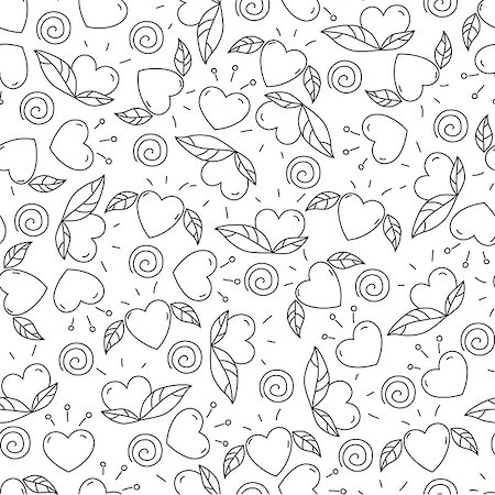 decorative black and white cards - doodle elements for Valentines day. hearts and leaves.vector seamless pattern. design for coloring page Foto de stock - Super Valor sin royalties y Suscripción, Código: 400-08834322