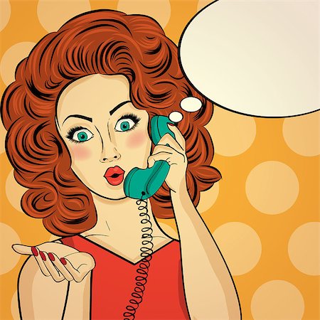panic and crowd - Surprised pop art woman chatting on retro phone . Comic woman with speech bubble. Pin up girl. Vector illustration. Stock Photo - Budget Royalty-Free & Subscription, Code: 400-08834811