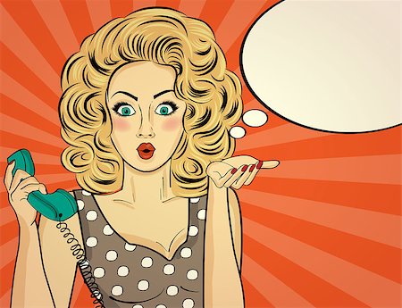panic and crowd - Surprised pop art woman chatting on retro phone . Comic woman with speech bubble. Pin up girl. Vector illustration. Stock Photo - Budget Royalty-Free & Subscription, Code: 400-08834812