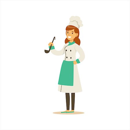 Woman Professional Cooking Chef Working In Restaurant Wearing Classic Traditional Uniform WIth Ladle Cartoon Character Illustration Stock Photo - Budget Royalty-Free & Subscription, Code: 400-08835104