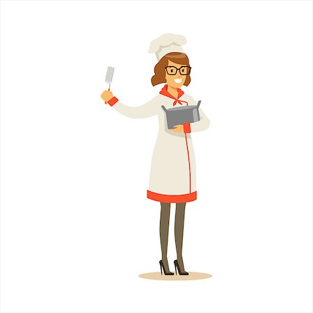 Woman Professional Cooking Chef Working In Restaurant Wearing Classic Traditional Uniform With Pot And Spatula Cartoon Character Illustration Stock Photo - Budget Royalty-Free & Subscription, Code: 400-08835100