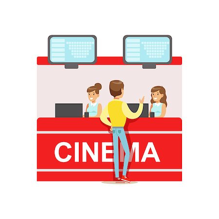 Guy Buying Cinema Tickets Whom Cashiers Counter, Part Of Happy People In Movie Theatre Series. Vector Illustration With Cartoon Characters Indoors At The Movies Stock Photo - Budget Royalty-Free & Subscription, Code: 400-08835118