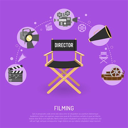 simsearch:700-00094661,k - Cinema and filming concept with flat icons film reel, director chair, bullhorn, clapperboard, isolated vector illustration Photographie de stock - Aubaine LD & Abonnement, Code: 400-08836886