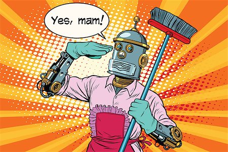 yes mam Robot and cleaning the house. Vintage pop art retro vector illustration. Professional cleaning Stock Photo - Budget Royalty-Free & Subscription, Code: 400-08837180