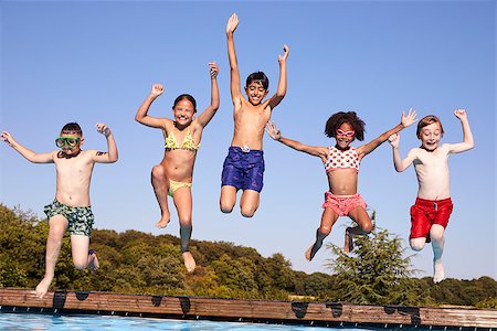 simsearch:400-05381058,k - Group Of Children Jumping Into Outdoor Swimming Pool Stock Photo - Budget Royalty-Free & Subscription, Code: 400-08837928