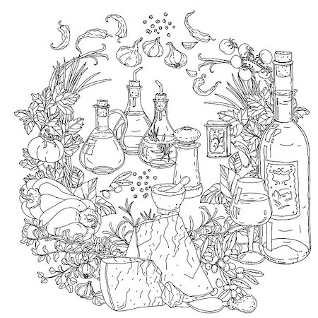contoured wreath of vector italian cuisine elements. Hand drawn. Black and white. Italian food. Vegetables and herbs, olives and tomatoes, garlic, cheese. Detailed, contoured, zen coloring book style. Foto de stock - Super Valor sin royalties y Suscripción, Código: 400-08833771