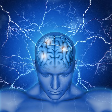 simsearch:400-08299548,k - 3D render of a male head and brain with lightening bolts Stock Photo - Budget Royalty-Free & Subscription, Code: 400-08862331
