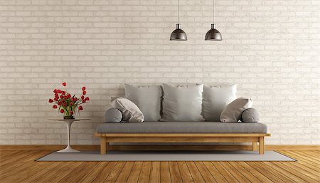 simsearch:400-07513835,k - Living room with wooden sofa and brick wall - 3d rendering Foto de stock - Super Valor sin royalties y Suscripción, Código: 400-08863707