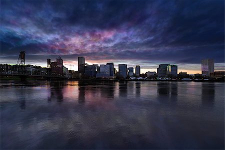 simsearch:400-07424733,k - Portland Oregon downtown city skyline from Eastbank Esplanade along Willamette River waterfront during cloudy twilight evening Stock Photo - Budget Royalty-Free & Subscription, Code: 400-08899840