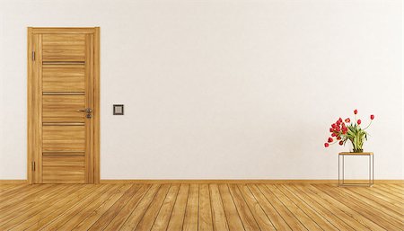 empty room 3d rendering - Empty modern room with closed wooden door and flowers - 3d rendering Stock Photo - Budget Royalty-Free & Subscription, Code: 400-08890369