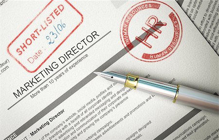 simsearch:400-07124623,k - 3D illustration of paper resume with pen and the words short-listed and HR printed with rubber stamp. Concept of successful application process. Stock Photo - Budget Royalty-Free & Subscription, Code: 400-08891293