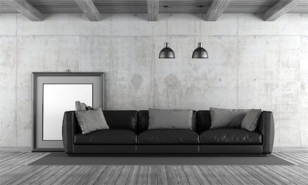 simsearch:400-07513835,k - Concrete living room with black sofa and blank frame - 3d rendering Foto de stock - Super Valor sin royalties y Suscripción, Código: 400-08891629