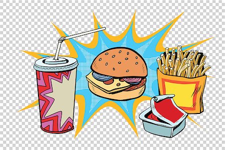 dreaming about eating - Fast food set Burger fries drink and sauce. Retro comic book style pop art retro illustration color vector Stock Photo - Budget Royalty-Free & Subscription, Code: 400-08893291