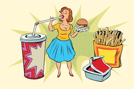 dreaming about eating - Pop art woman and fast food. Retro comic book style retro illustration color vector Stock Photo - Budget Royalty-Free & Subscription, Code: 400-08893292