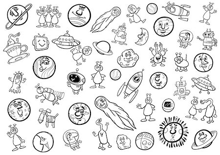 simsearch:400-04378006,k - Black and White Cartoon Illustration of Space Objects and Fantasy Characters Set Coloring Page Stock Photo - Budget Royalty-Free & Subscription, Code: 400-08916741
