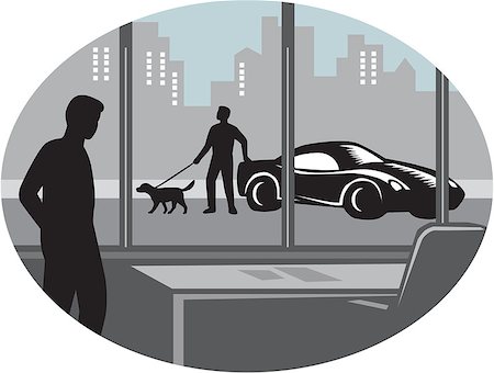 simsearch:400-08629141,k - Illustratin of a man from inside an office looking through a window and seeing a person standing next to an exotic car with a well-groomed dog on a leash set inside oval shape with buildings in the background done in retro woodcut style. Stock Photo - Budget Royalty-Free & Subscription, Code: 400-08916768