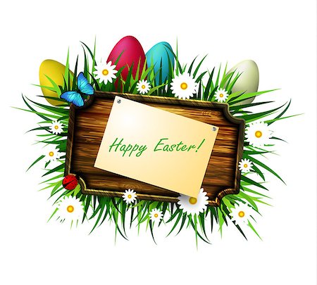 simsearch:400-04229535,k - Happy Easter wooden board with pined paper on a loan with flowers blue butterflyes easter eggs and ladybug Photographie de stock - Aubaine LD & Abonnement, Code: 400-08917036