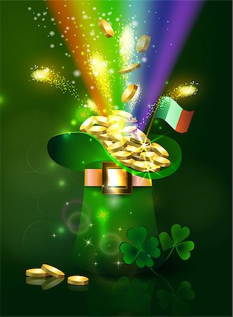 end of the rainbow - St Patricks day green hat of a leprechaun with rainbow and gold coins Stock Photo - Budget Royalty-Free & Subscription, Code: 400-08917825