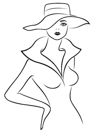 simsearch:400-08573669,k - Abstract sad young lady in jacket and wide-brimmed hat, hand drawing vector outline Stock Photo - Budget Royalty-Free & Subscription, Code: 400-08918014