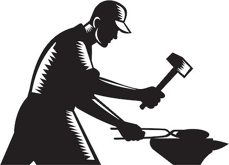 simsearch:400-08629141,k - Black and white illustration of a blacksmith worker forging iron viewed from the side set on isolated white background done in retro woodcut style. Stock Photo - Budget Royalty-Free & Subscription, Code: 400-08918018